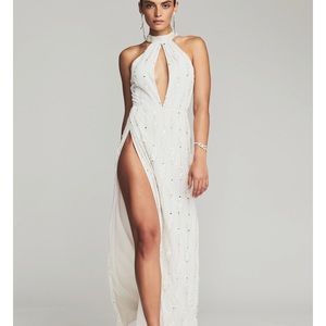 Retrofete, White silk/beaded and sequence gown. Thigh high slit!